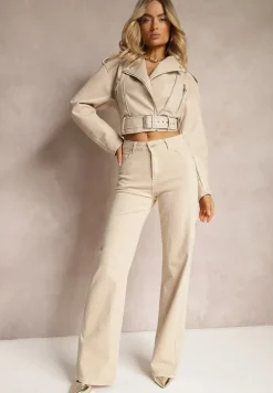 Beżowe Szerokie Jeansy z Bawełnianej Tkaniny Plumeti High Waist Rrisa