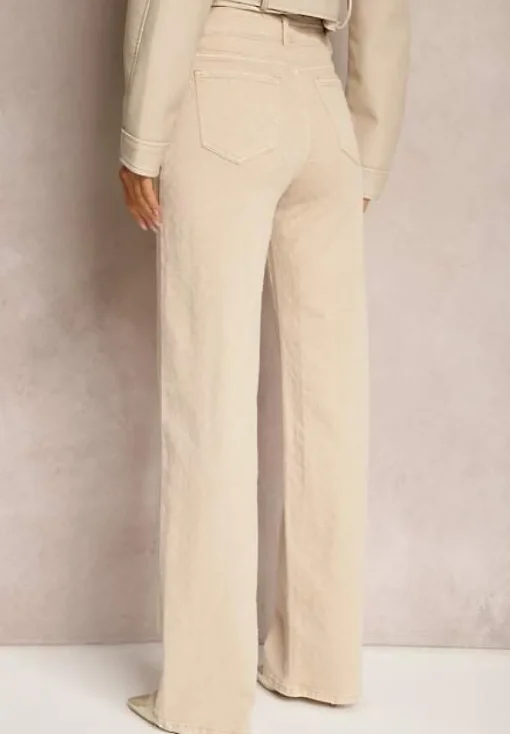 Beżowe Szerokie Jeansy z Bawełnianej Tkaniny Plumeti High Waist Rrisa