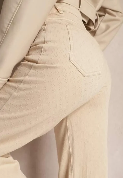 Beżowe Szerokie Jeansy z Bawełnianej Tkaniny Plumeti High Waist Rrisa