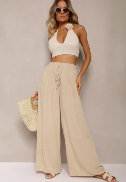 Beżowe Szerokie Spodnie High Waist z Gumką w Talii Ilnena