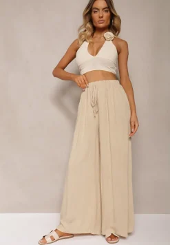 Beżowe Szerokie Spodnie High Waist z Gumką w Talii Ilnena
