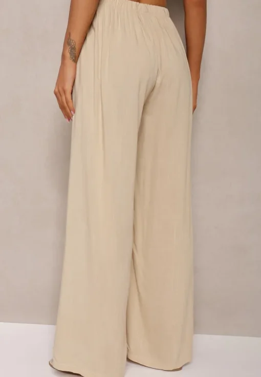 Beżowe Szerokie Spodnie High Waist z Gumką w Talii Ilnena