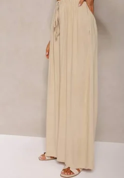 Beżowe Szerokie Spodnie High Waist z Gumką w Talii Ilnena