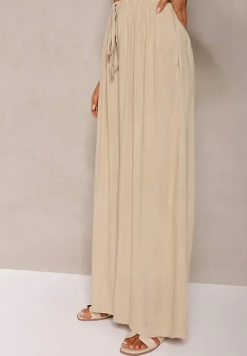 Beżowe Szerokie Spodnie High Waist z Gumką w Talii Ilnena