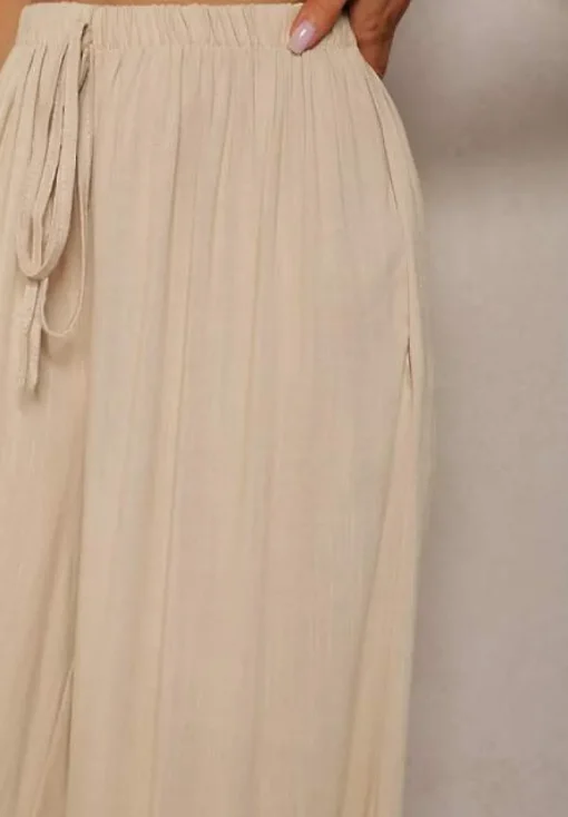 Beżowe Szerokie Spodnie High Waist z Gumką w Talii Ilnena