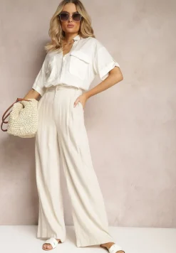 Beżowe Szerokie Spodnie High Waist z Lnu i Wiskozy Apoises
