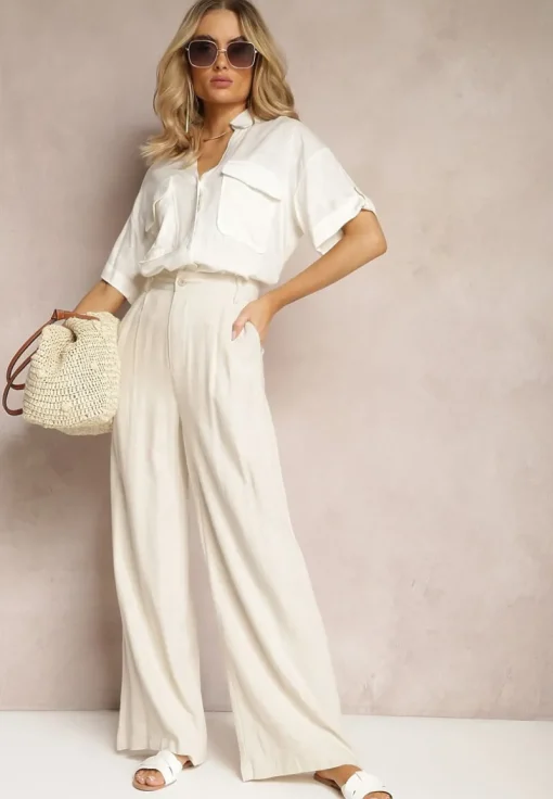 Beżowe Szerokie Spodnie High Waist z Lnu i Wiskozy Apoises