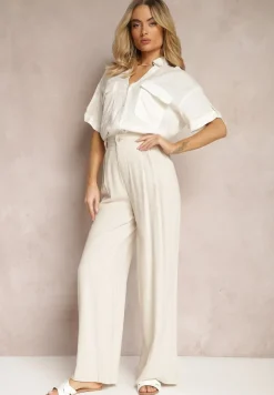 Beżowe Szerokie Spodnie High Waist z Lnu i Wiskozy Apoises