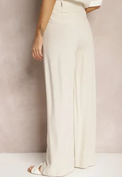 Beżowe Szerokie Spodnie High Waist z Lnu i Wiskozy Apoises