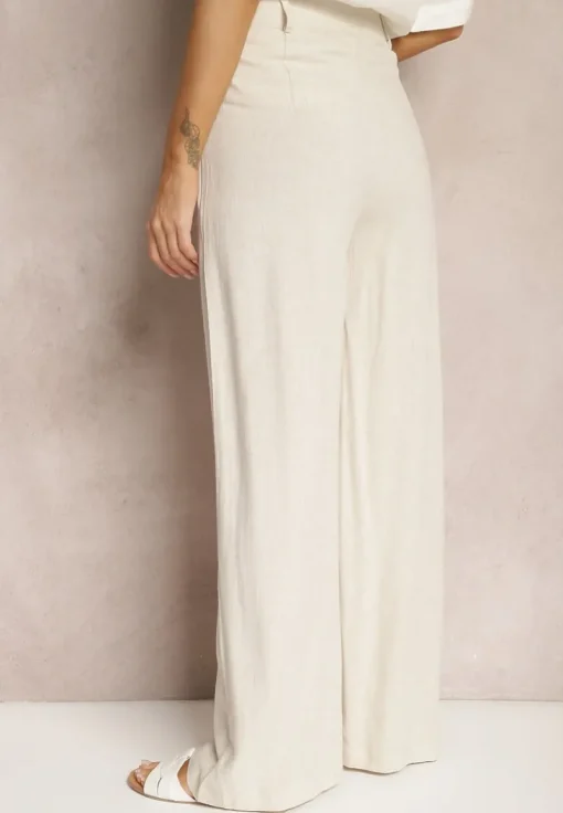 Beżowe Szerokie Spodnie High Waist z Lnu i Wiskozy Apoises