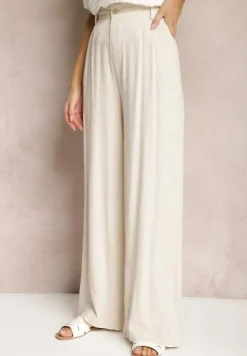 Beżowe Szerokie Spodnie High Waist z Lnu i Wiskozy Apoises
