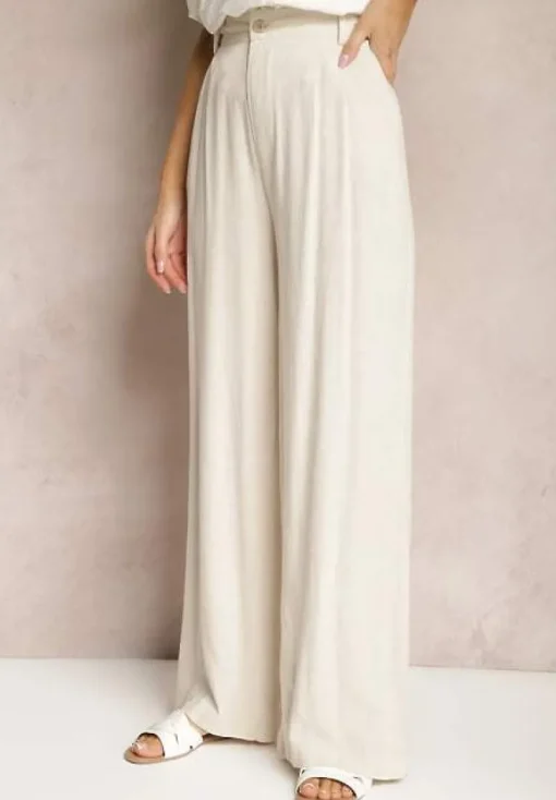 Beżowe Szerokie Spodnie High Waist z Lnu i Wiskozy Apoises
