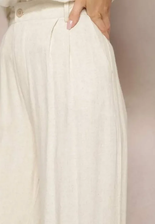 Beżowe Szerokie Spodnie High Waist z Lnu i Wiskozy Apoises