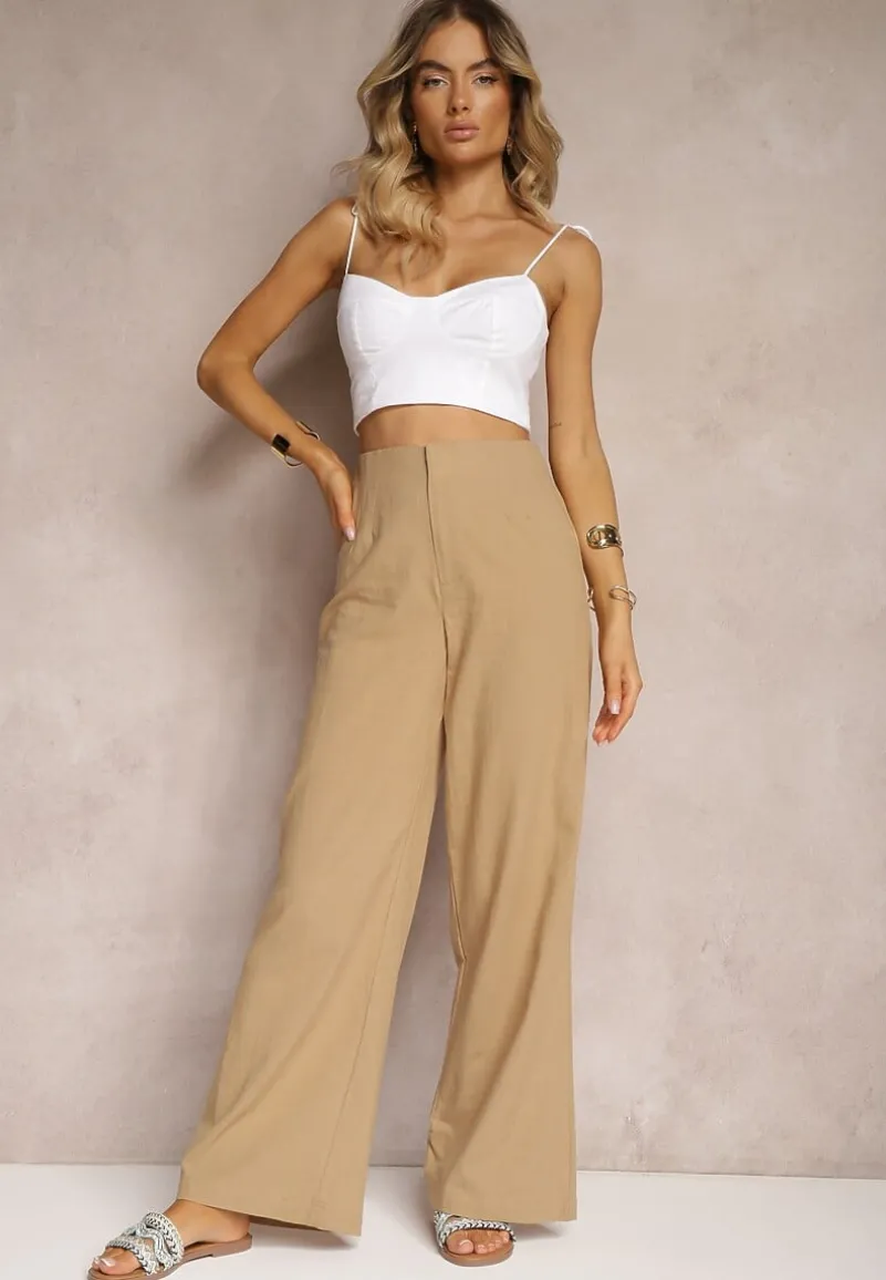 Beżowe Szerokie Spodnie z Wysokim Stanem z Bawełny Henve