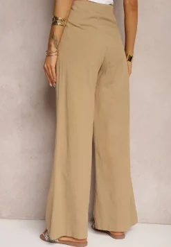 Beżowe Szerokie Spodnie z Wysokim Stanem z Bawełny Henve
