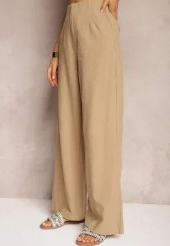 Beżowe Szerokie Spodnie z Wysokim Stanem z Bawełny Henve
