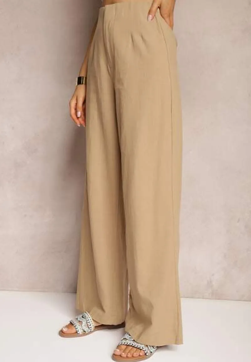 Beżowe Szerokie Spodnie z Wysokim Stanem z Bawełny Henve