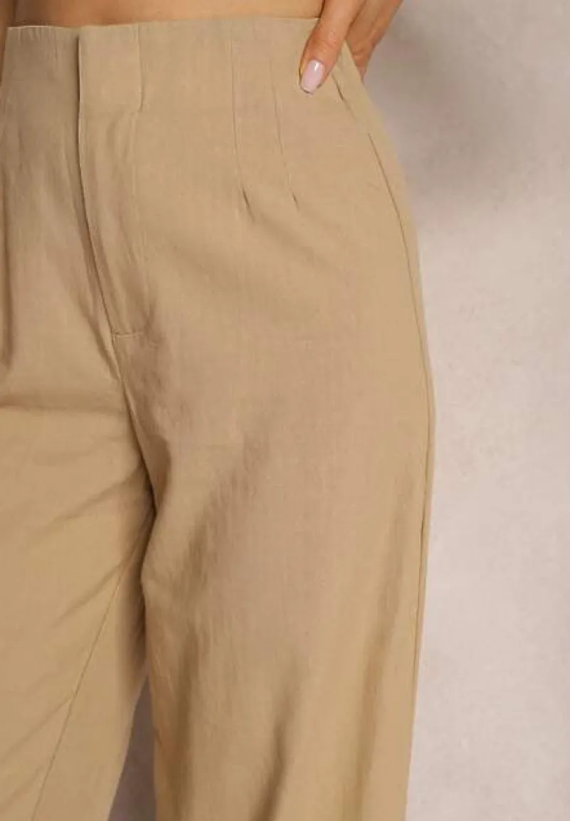 Beżowe Szerokie Spodnie z Wysokim Stanem z Bawełny Henve