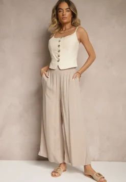 Beżowe Szerokie Spodnie z Wiskozy ze Sznurkiem Natisetia