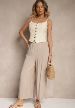 Beżowe Szerokie Spodnie z Wiskozy ze Sznurkiem Natisetia