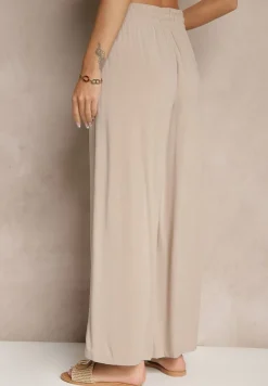 Beżowe Szerokie Spodnie z Wiskozy ze Sznurkiem Natisetia