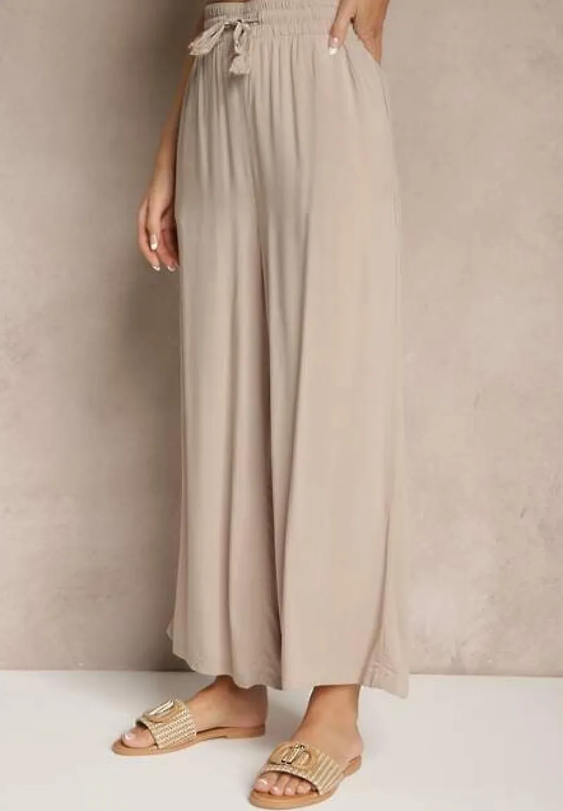 Beżowe Szerokie Spodnie z Wiskozy ze Sznurkiem Natisetia