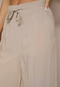 Beżowe Szerokie Spodnie z Wiskozy ze Sznurkiem Natisetia