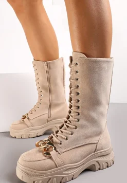 Beżowe Sznurowane Botki na Platformie z Ozdobnym Łańcuchem Duova