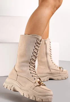 Beżowe Sznurowane Botki na Platformie z Ozdobnym Łańcuchem Duova