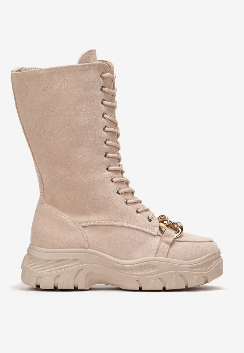Beżowe Sznurowane Botki na Platformie z Ozdobnym Łańcuchem Duova