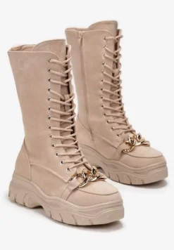 Beżowe Sznurowane Botki na Platformie z Ozdobnym Łańcuchem Duova