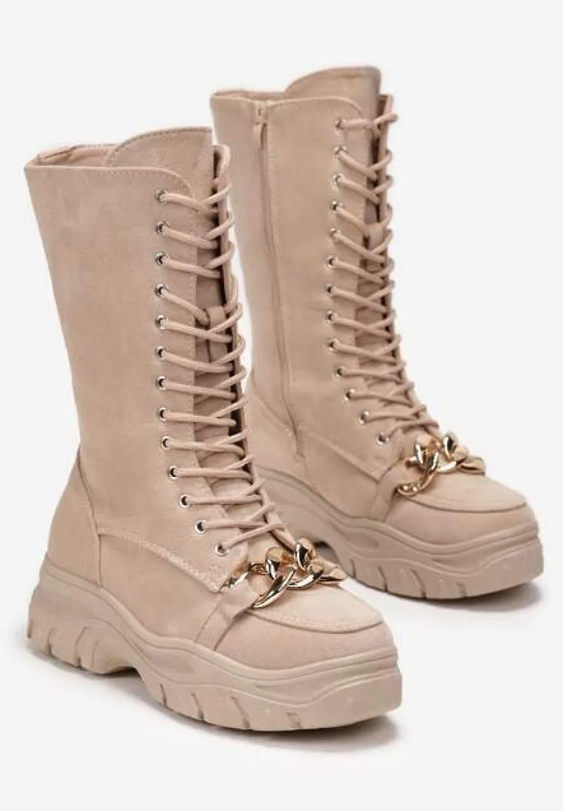 Beżowe Sznurowane Botki na Platformie z Ozdobnym Łańcuchem Duova