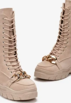 Beżowe Sznurowane Botki na Platformie z Ozdobnym Łańcuchem Duova