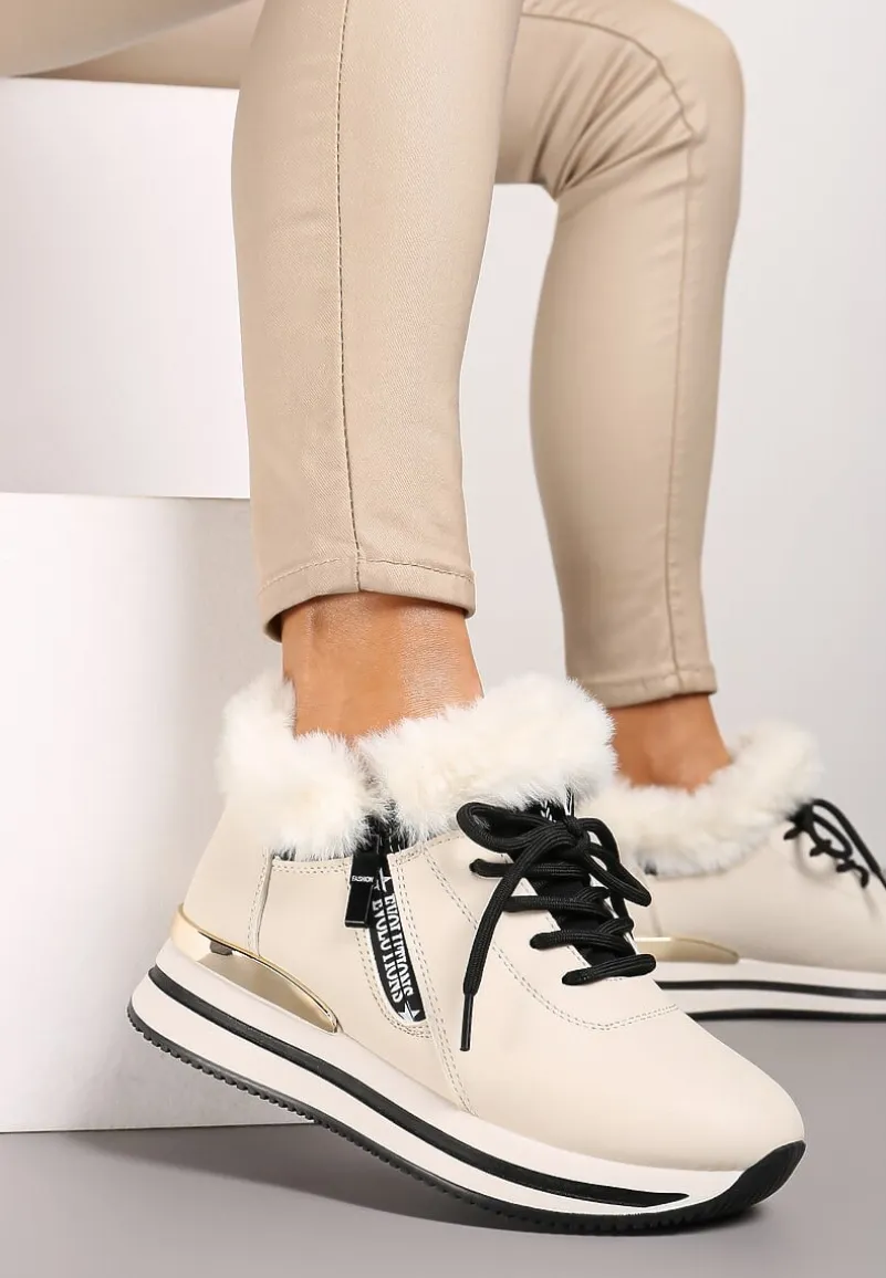Beżowe Sznurowane Botki Sneakersy z Futerkiem Gameda