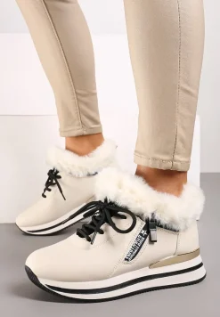 Beżowe Sznurowane Botki Sneakersy z Futerkiem Gameda