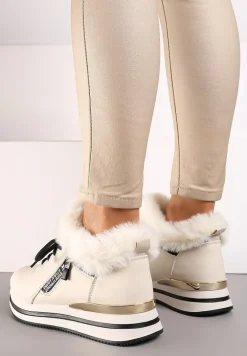 Beżowe Sznurowane Botki Sneakersy z Futerkiem Gameda