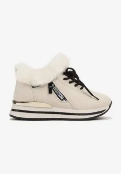 Beżowe Sznurowane Botki Sneakersy z Futerkiem Gameda