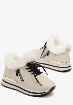 Beżowe Sznurowane Botki Sneakersy z Futerkiem Gameda