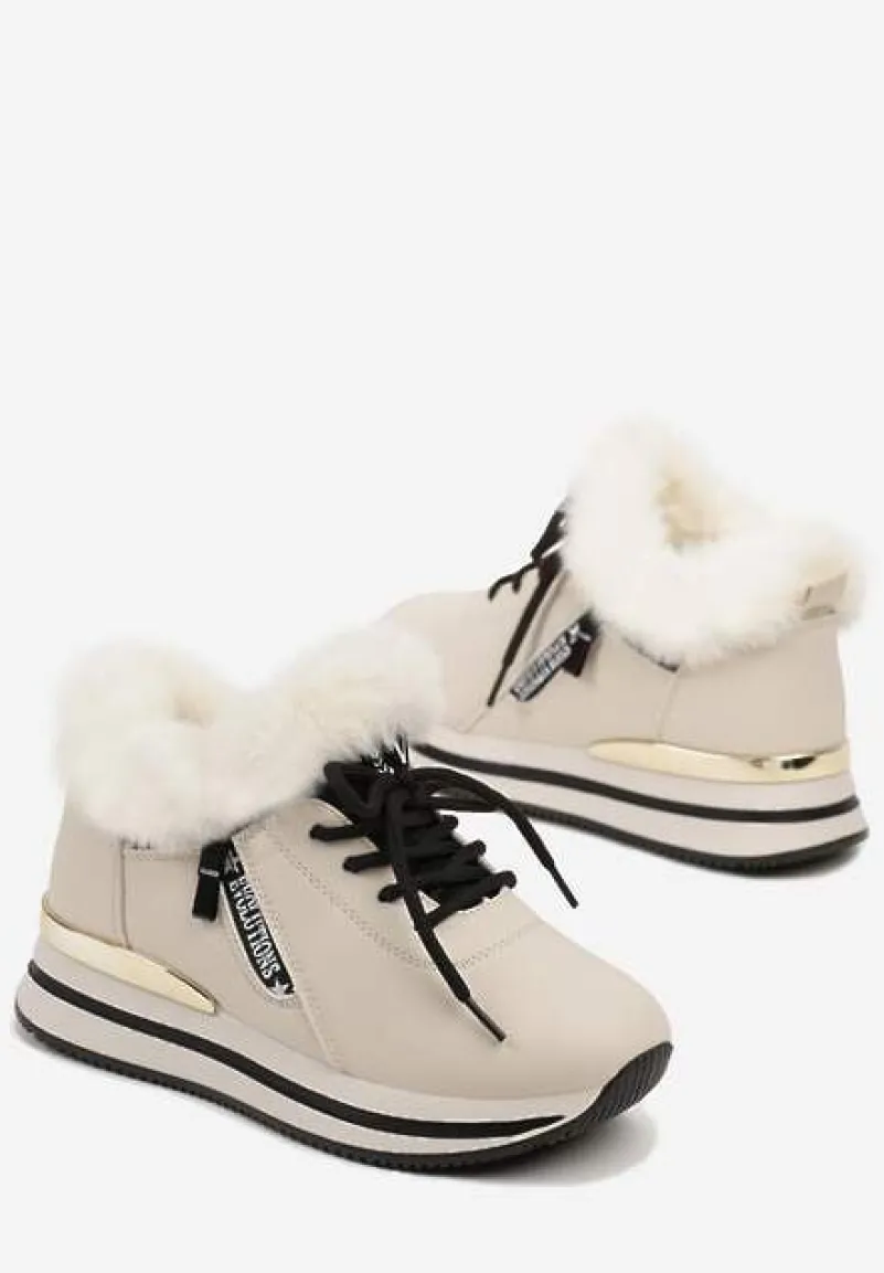 Beżowe Sznurowane Botki Sneakersy z Futerkiem Gameda