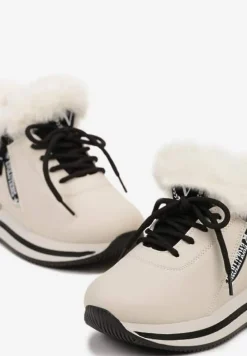 Beżowe Sznurowane Botki Sneakersy z Futerkiem Gameda