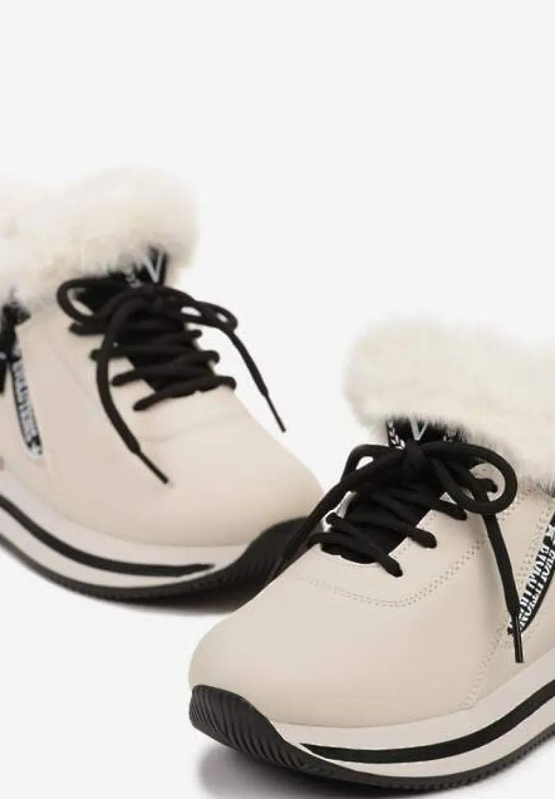 Beżowe Sznurowane Botki Sneakersy z Futerkiem Gameda