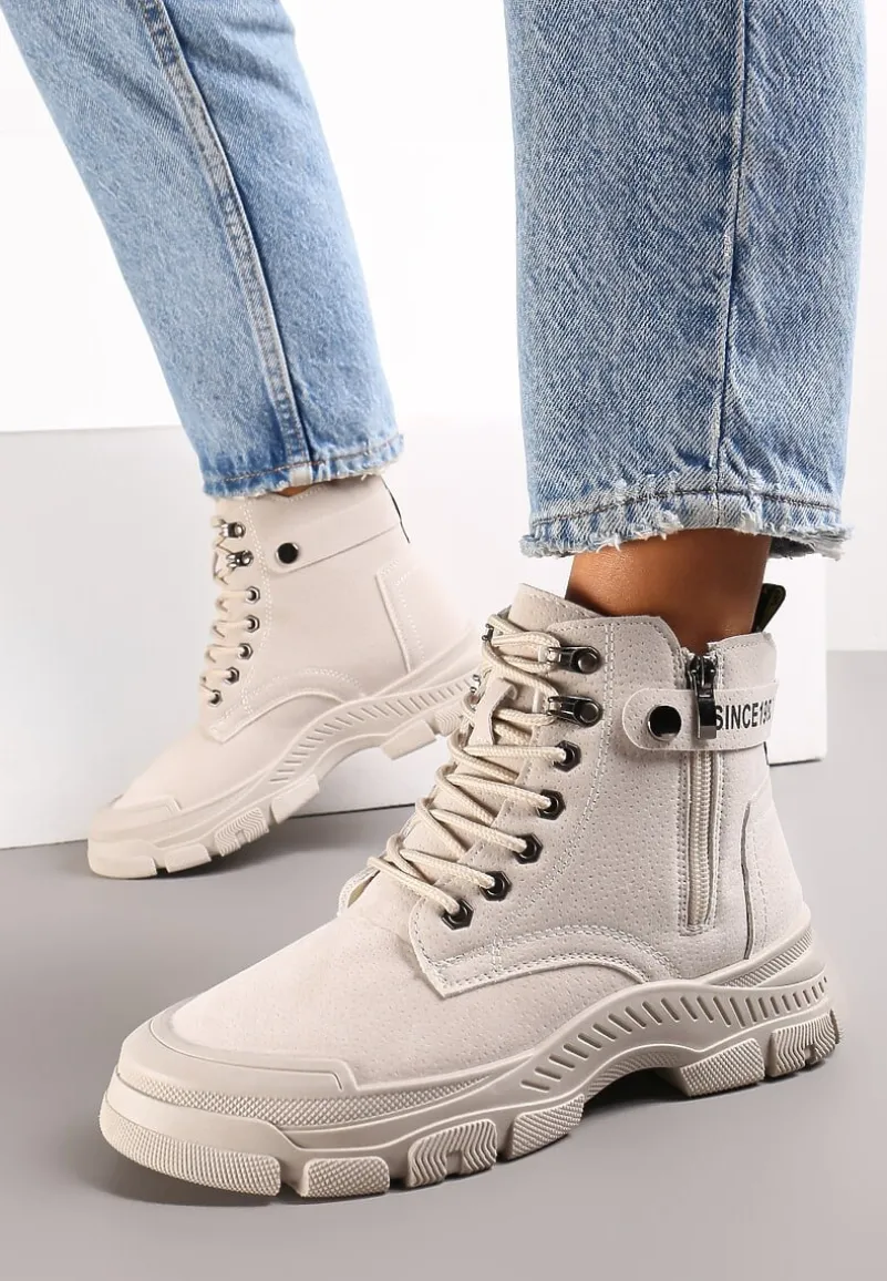 Beżowe Sznurowane Botki Traperki na Grubej Podeszwie Trewenna