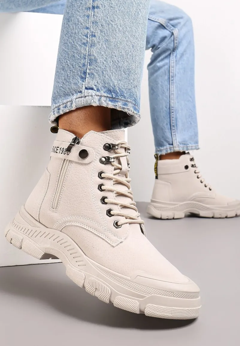 Beżowe Sznurowane Botki Traperki na Grubej Podeszwie Trewenna