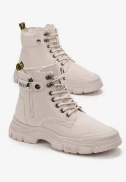 Beżowe Sznurowane Botki Traperki na Grubej Podeszwie Trewenna