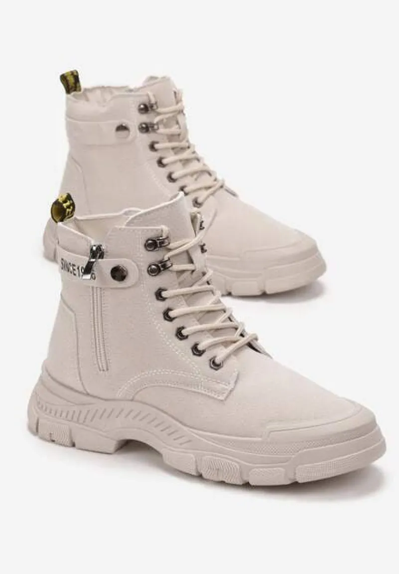 Beżowe Sznurowane Botki Traperki na Grubej Podeszwie Trewenna