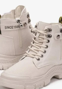 Beżowe Sznurowane Botki Traperki na Grubej Podeszwie Trewenna
