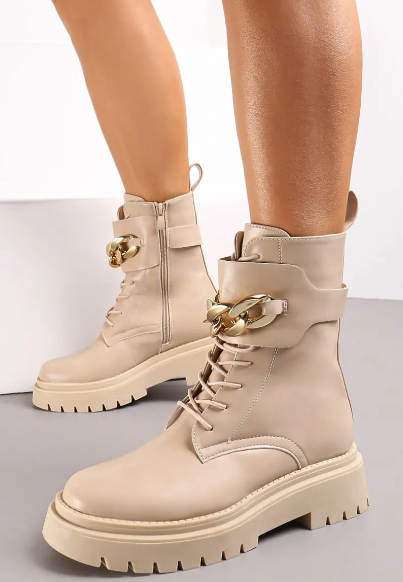 Beżowe Sznurowane Botki Typu Workery na Platformie z Ozdobnym Łańcuchem Barna
