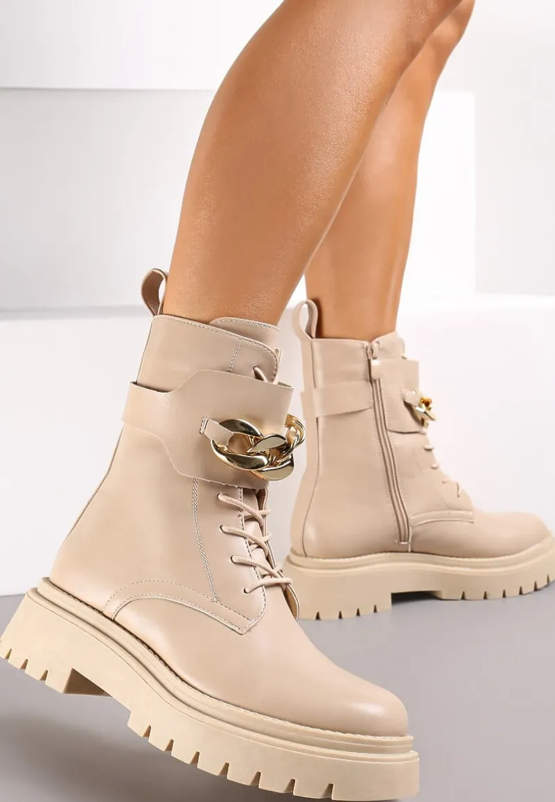 Beżowe Sznurowane Botki Typu Workery na Platformie z Ozdobnym Łańcuchem Barna