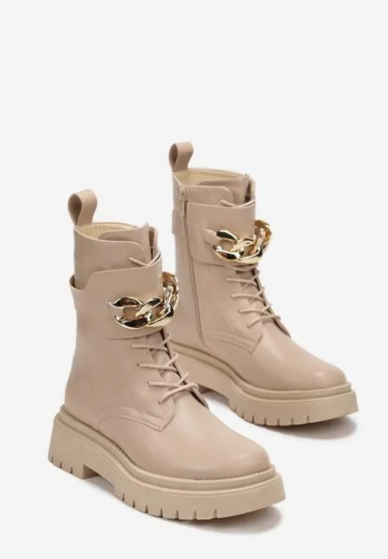 Beżowe Sznurowane Botki Typu Workery na Platformie z Ozdobnym Łańcuchem Barna