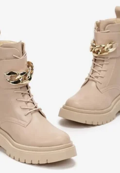 Beżowe Sznurowane Botki Typu Workery na Platformie z Ozdobnym Łańcuchem Barna